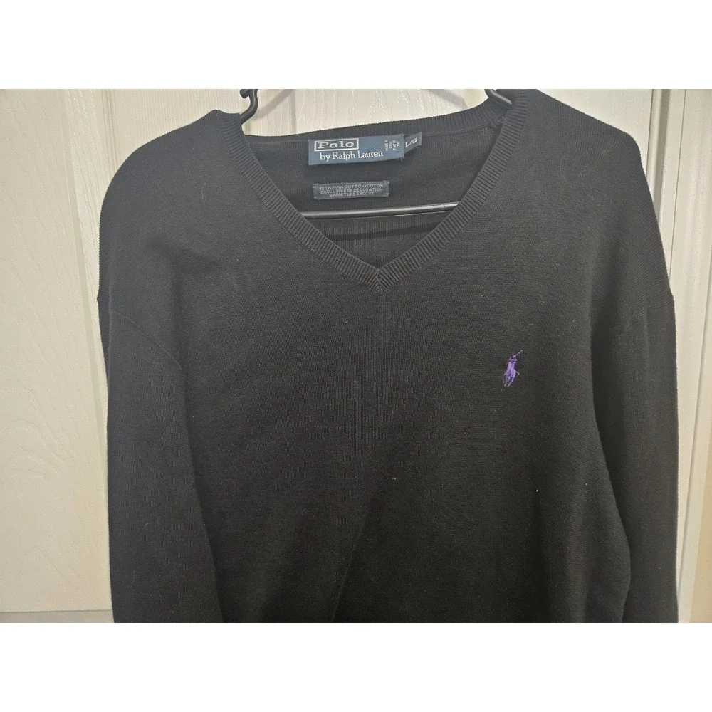 Polo Ralph‎ Lauren Sweater Pima COTTON Mens LG Black Vneck Long Sleeves Casual